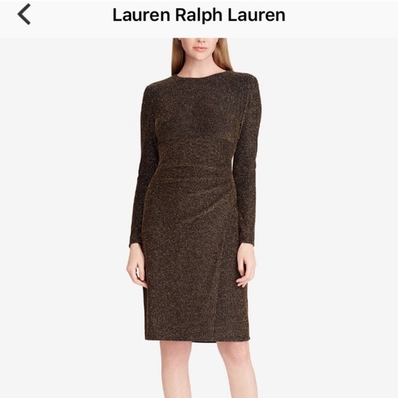 Lauren Ralph Lauren Metallic Gold Jacquard Knit Sheath Formal Dress Size Ruching - Picture 3 of 13